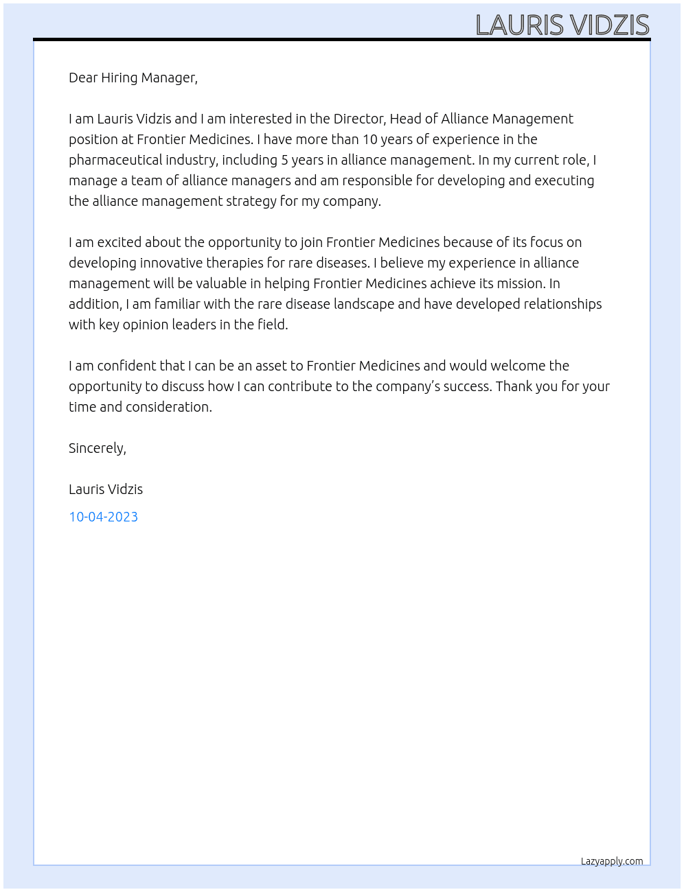 Director, Head of Alliance Management At Frontier Medicines Cover Letter