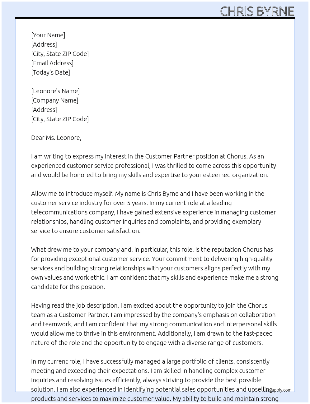 Customer Partner  At Chorus Cover Letter