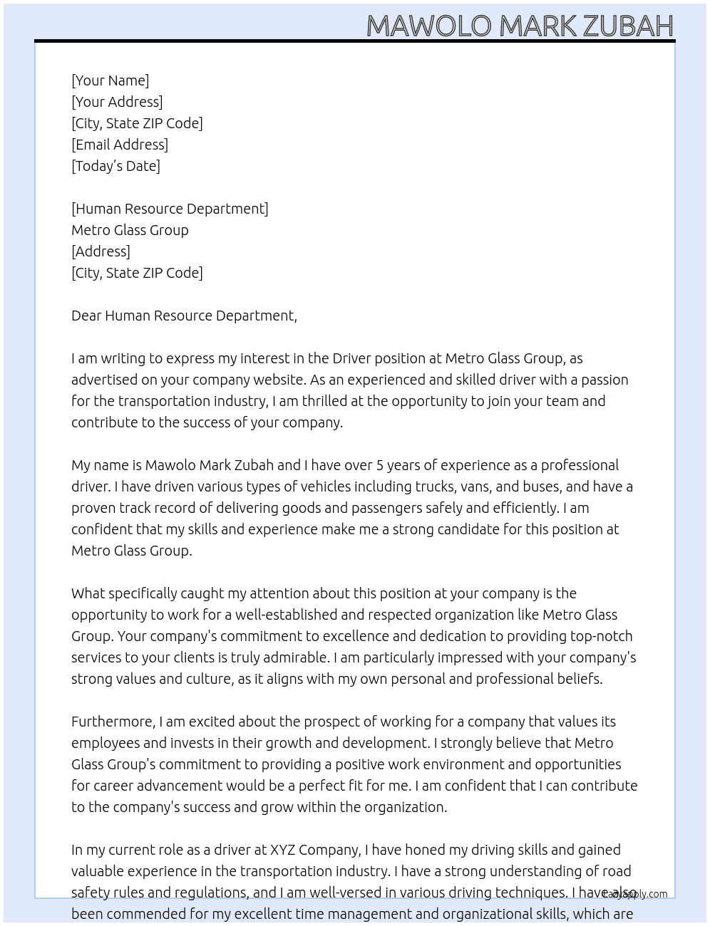 Driver At Metro Glass Group Cover Letter