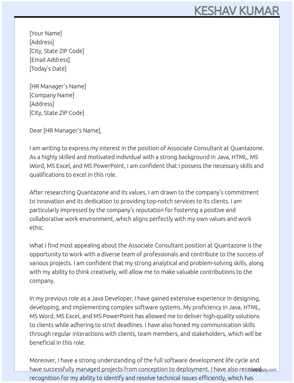 Associate Consultant  At Quantazone  Cover Letter