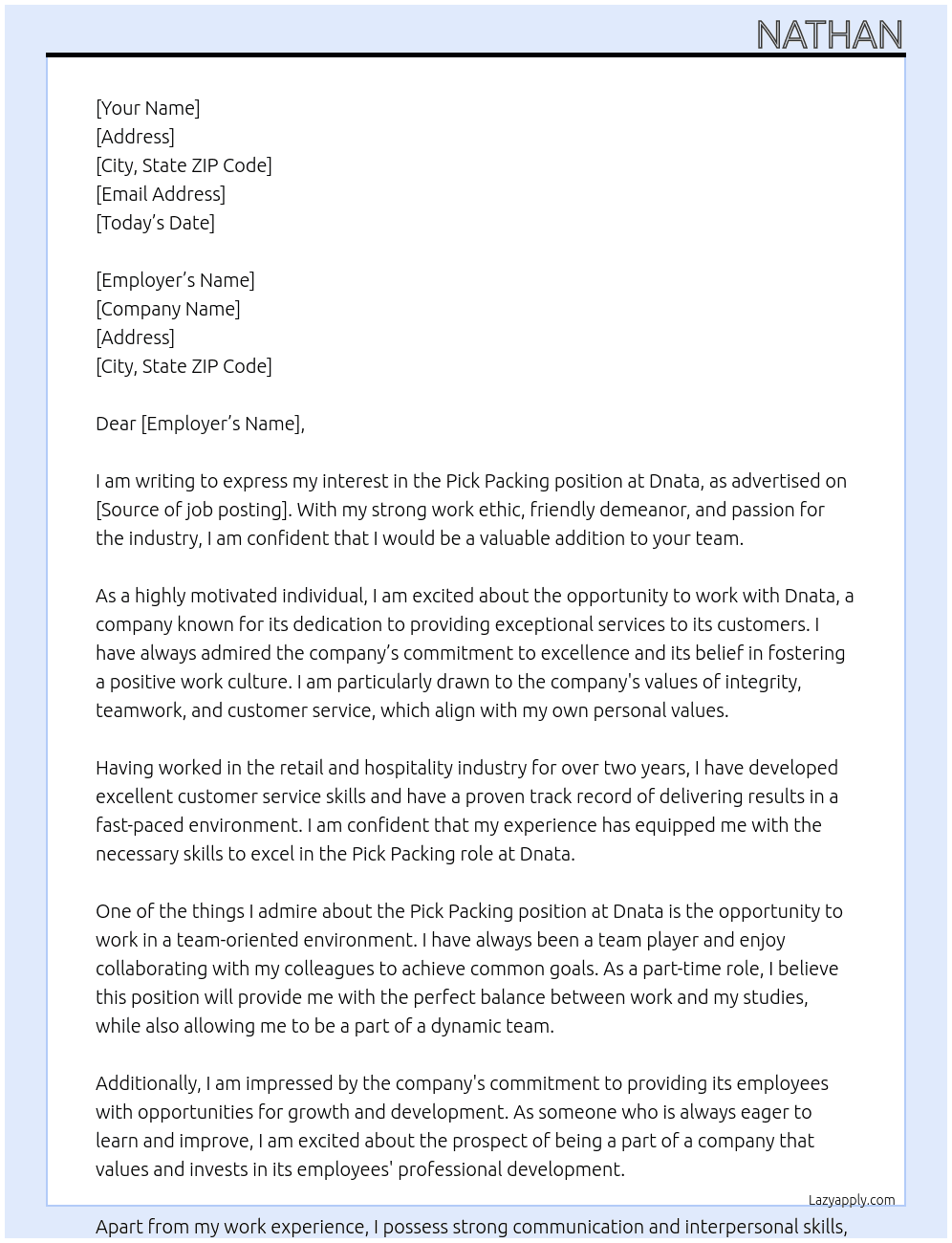 Pick packing  At Dnata Cover Letter