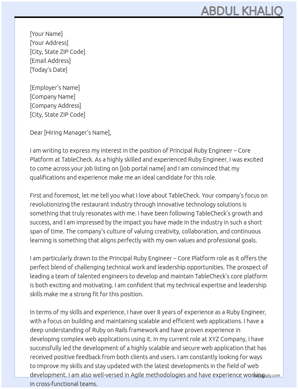 Principal Ruby Engineer - Core Platform At TableCheck Cover Letter