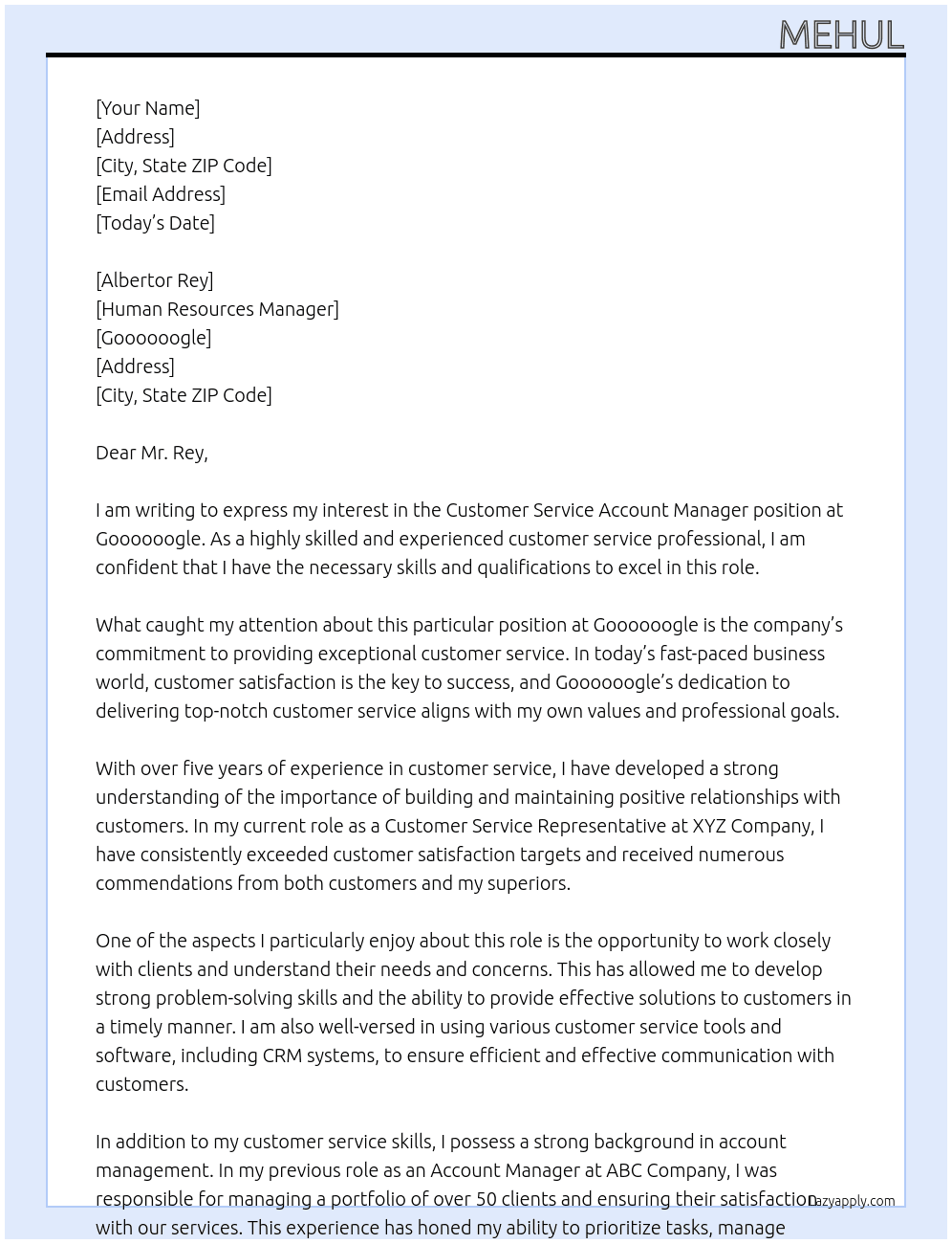 Customer Service Account Manager At Goooooogle Cover Letter