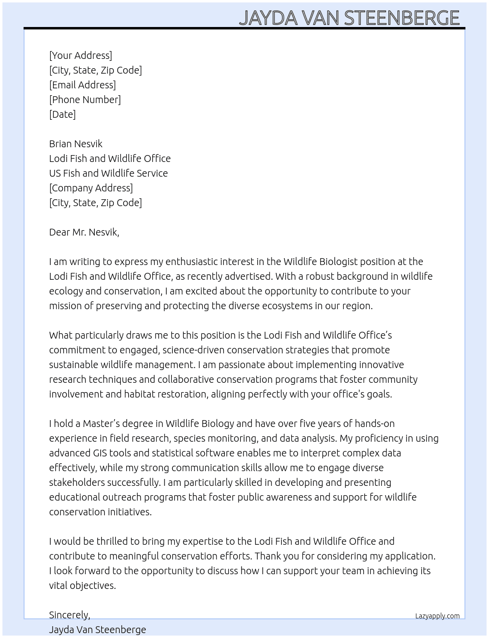 Cover letter for wildlife biologist - LazyApply