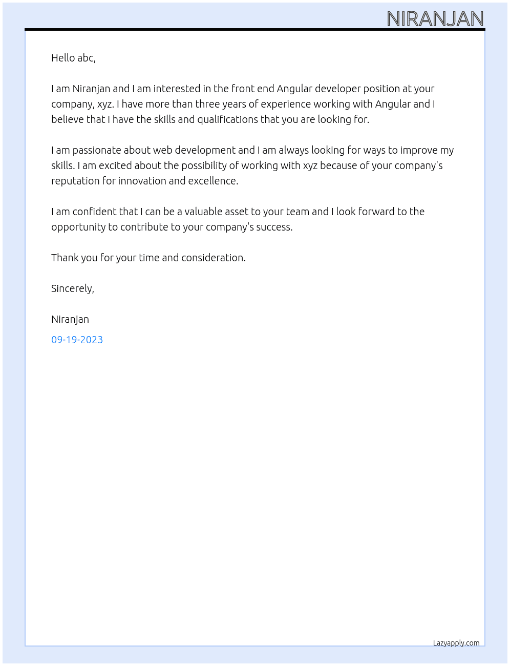 Front end  Angular developer  At xyz Cover Letter