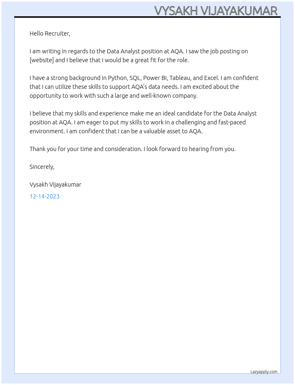 Data analyst  At AQA Cover Letter