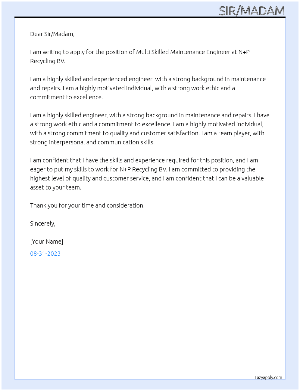 Multi Skilled Maintenance Engineer At N+P Recycling BV Cover Letter