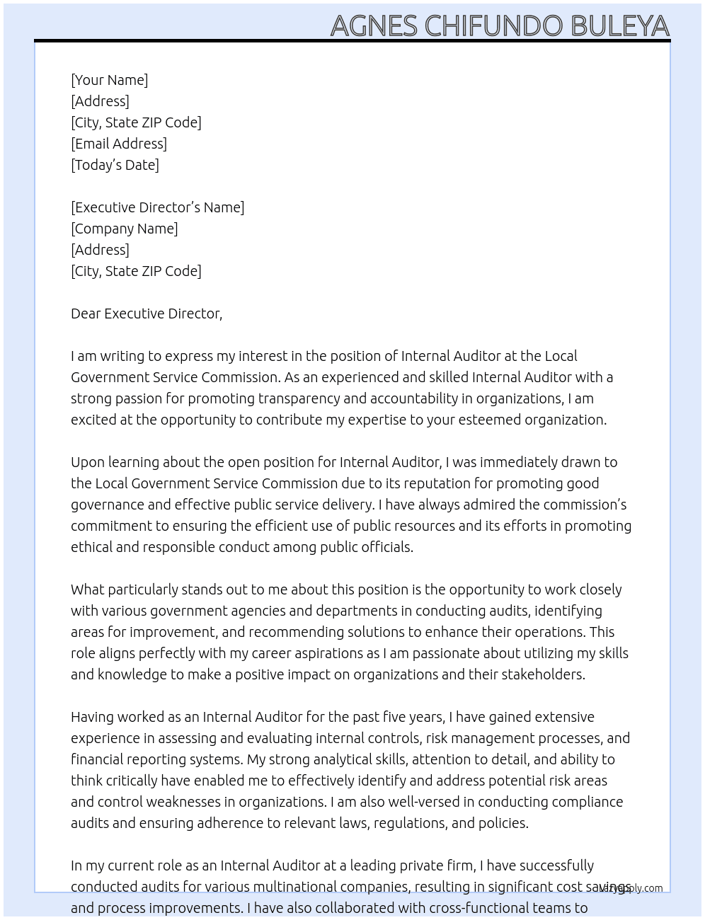 Internal Auditor At Local Government Service Commission Cover Letter