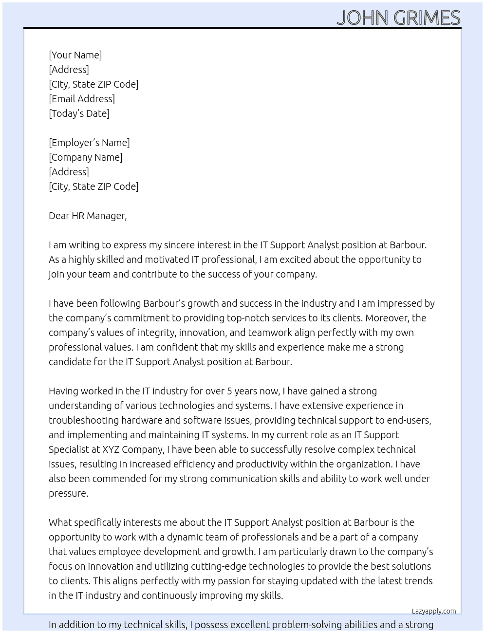 IT Support Analyst At Barbour Cover Letter