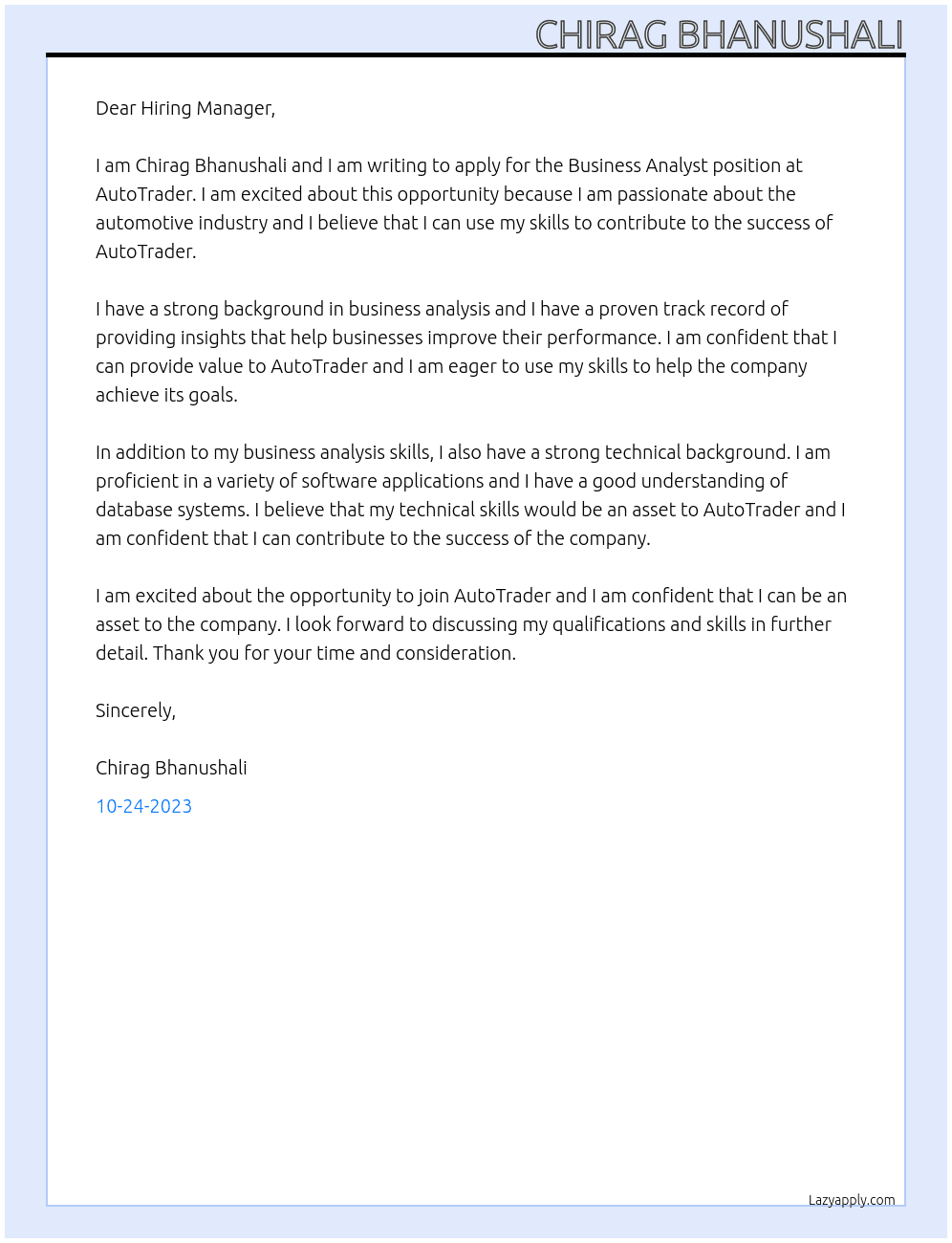 Business Analyst At AutoTrader Cover Letter