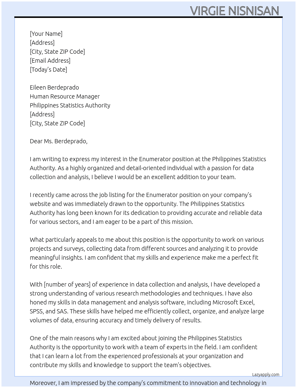 Enumerator  At Philippines Statistics authority  Cover Letter