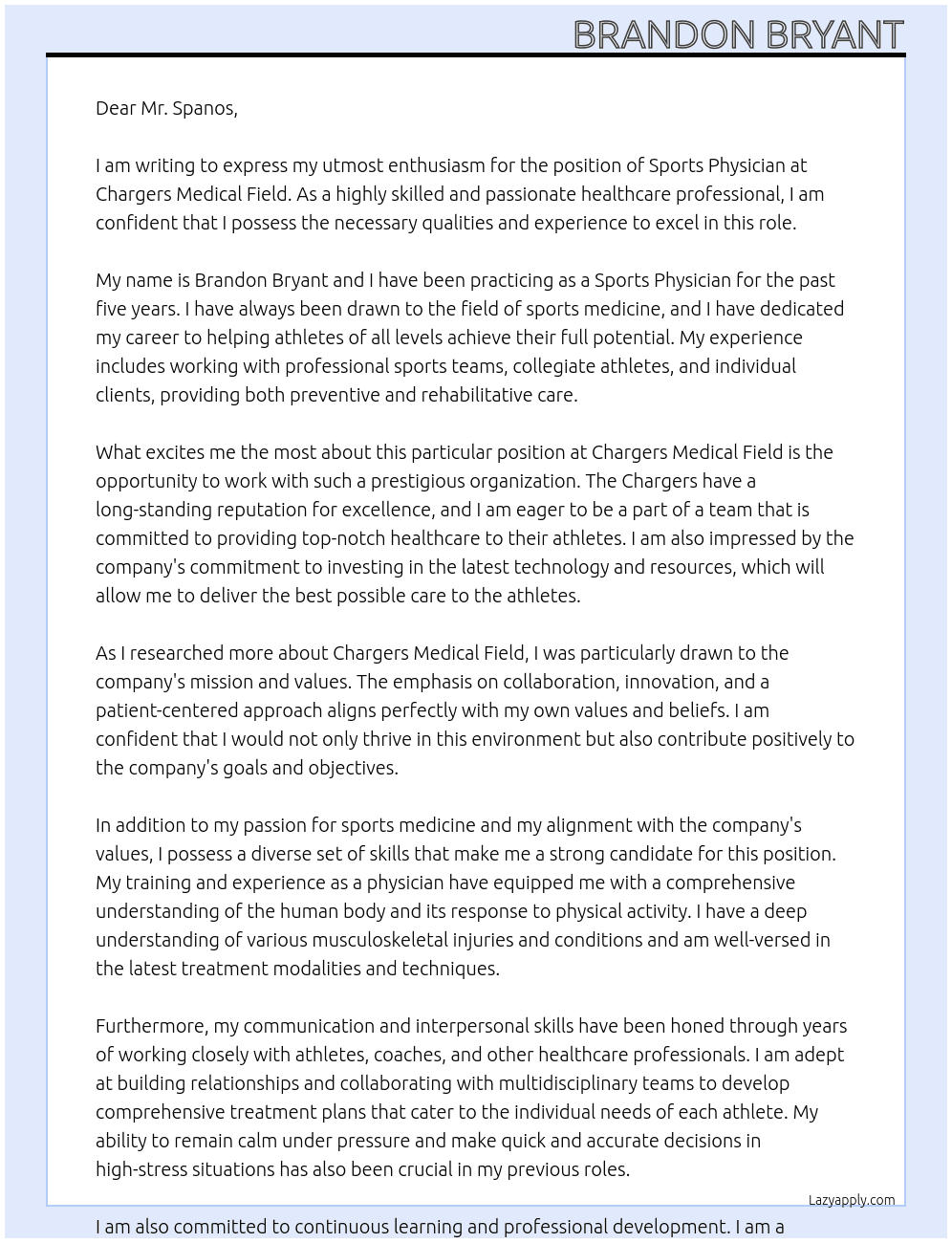 Sports Physcian  At Chargers Medical Field Cover Letter