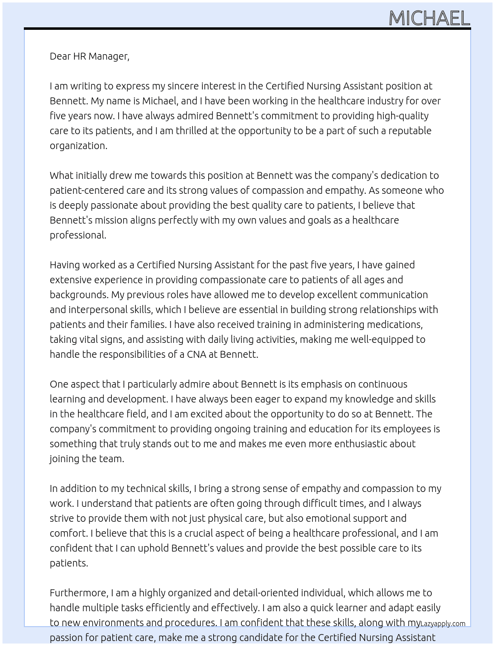 Certified Nursing assistant  At Bennett Cover Letter