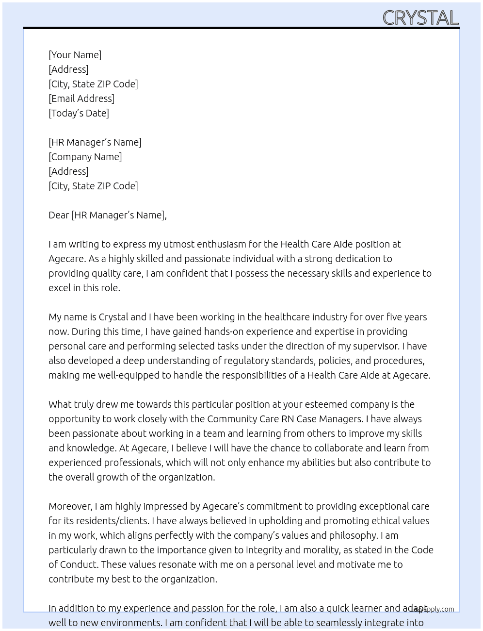Hca At Agecare Cover Letter
