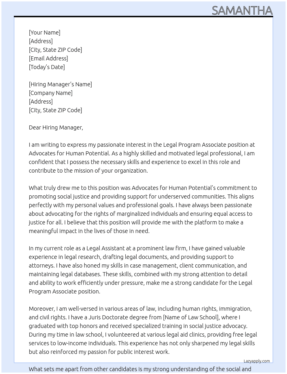 Legal Program Associate At Advocates for Human Potential Cover Letter