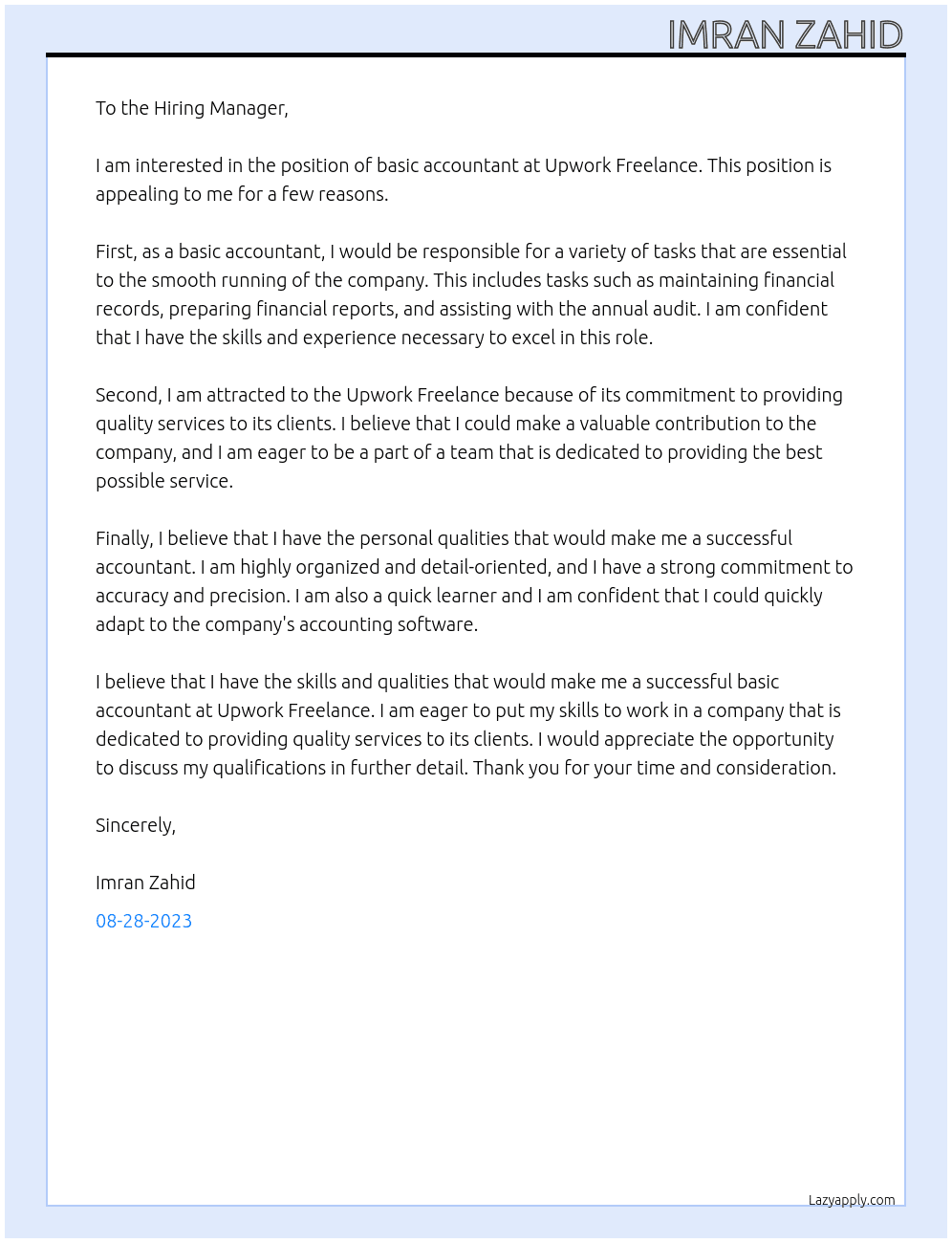 basic accountant At Upwork Freelance Cover Letter