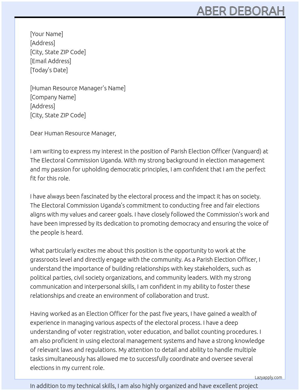 Parish Election Officer(Vanguard) At The Electoral Commission Uganda  Cover Letter