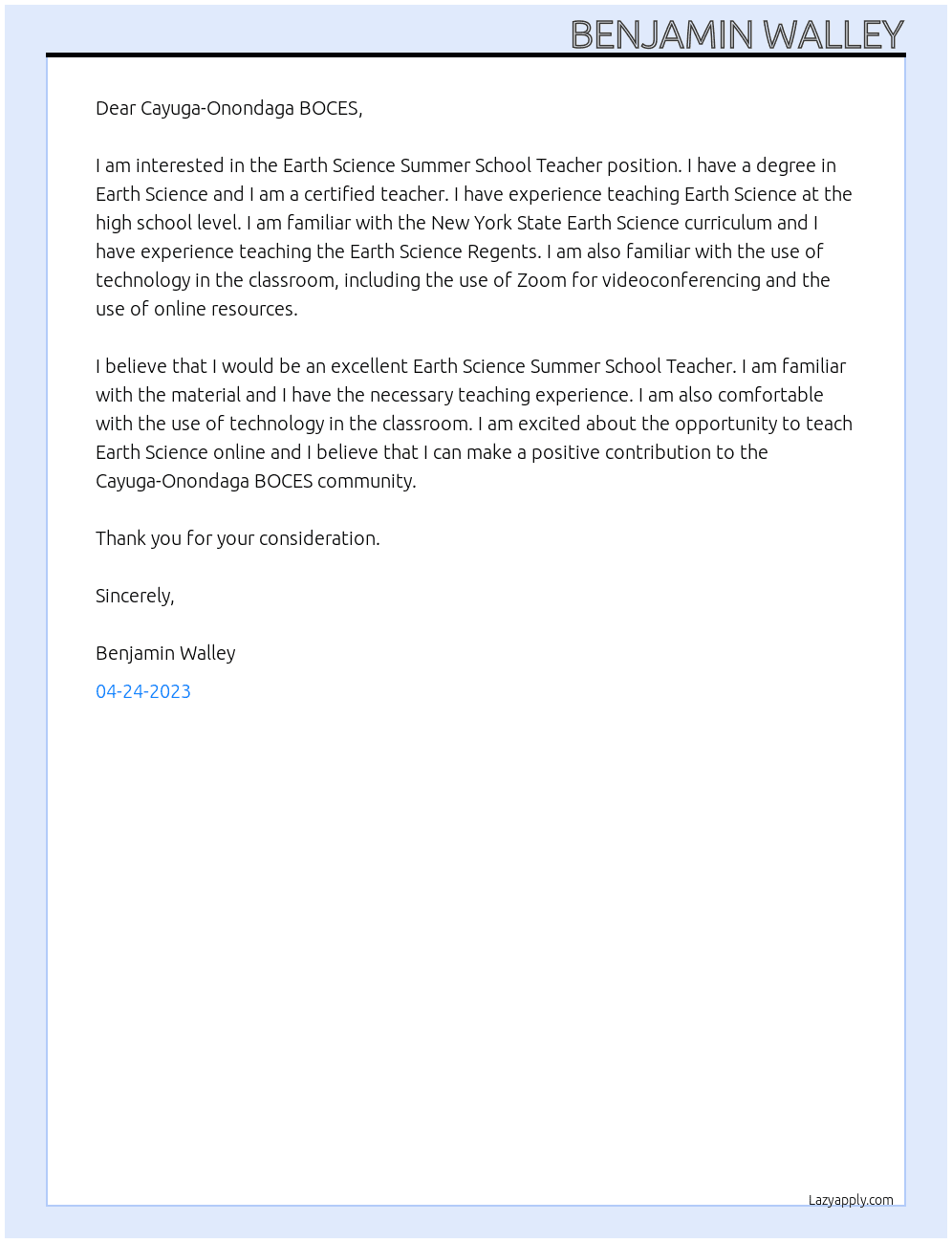 Earth Science Summer School Teacher At Cayuga-Onondaga BOCES Cover Letter