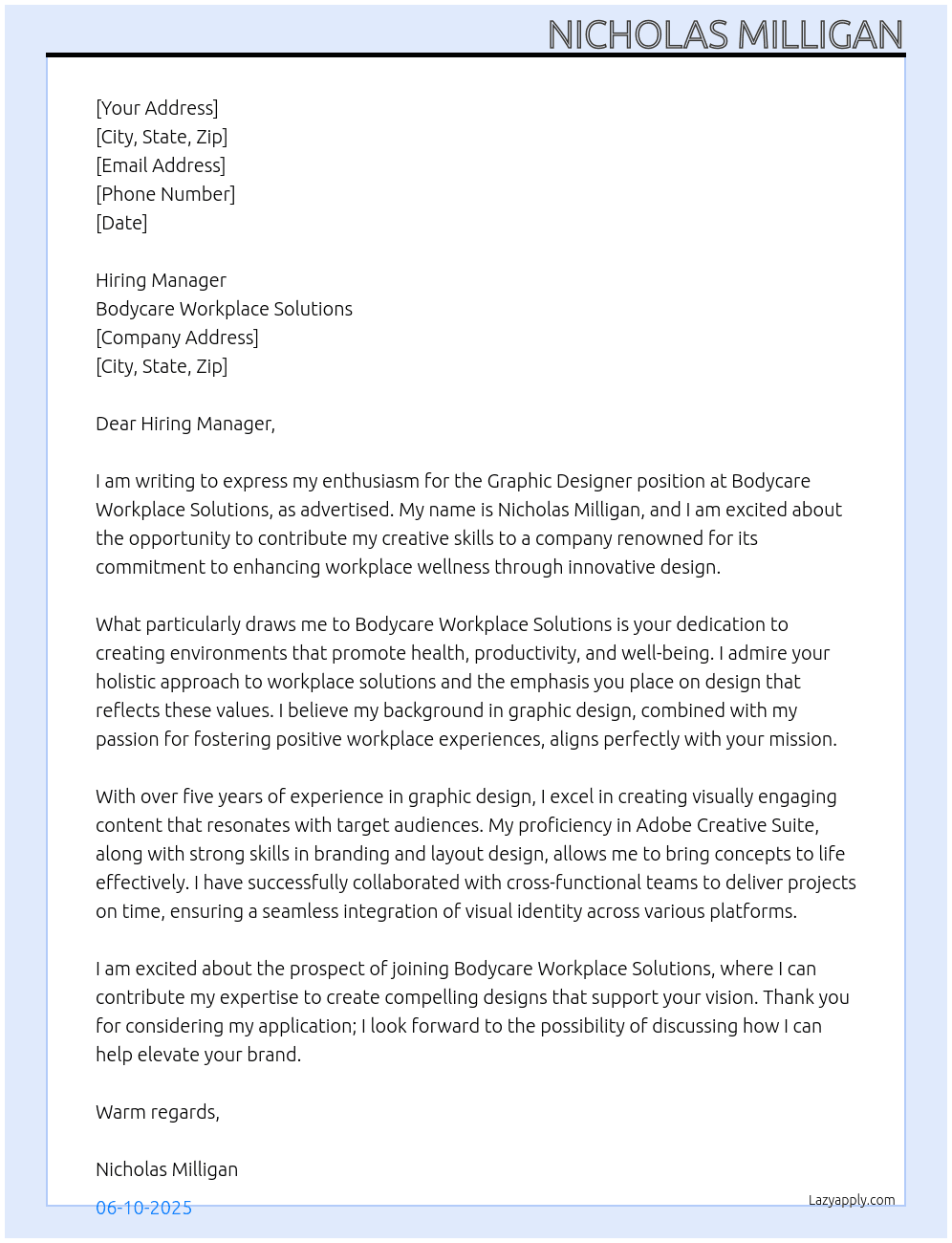 Graphic Designer At Bodycare Workplace Solutions Cover Letter
