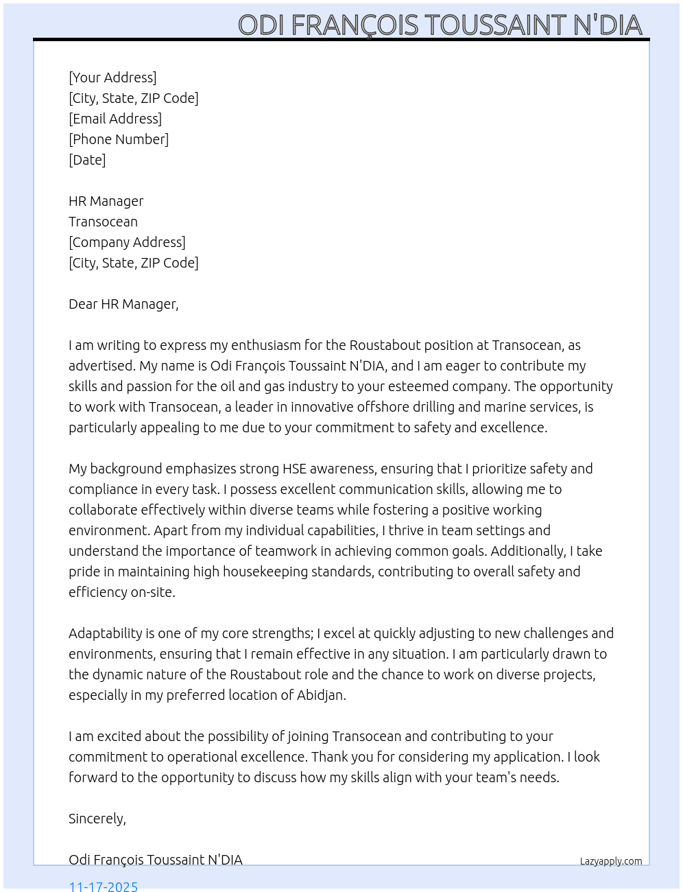 Roustabout  At Transocean  Cover Letter
