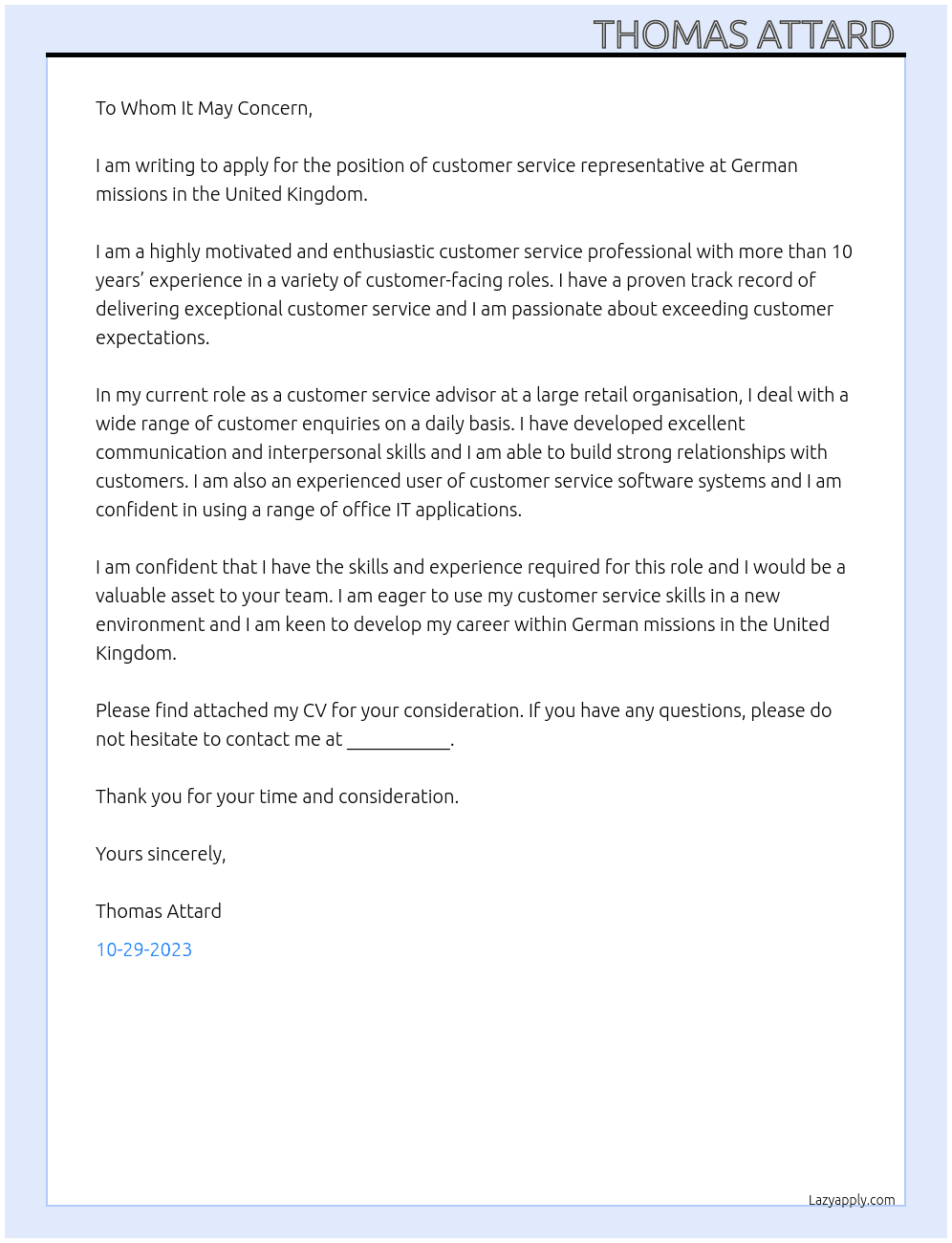 customer service representative  At German missions in the United kingdom  Cover Letter