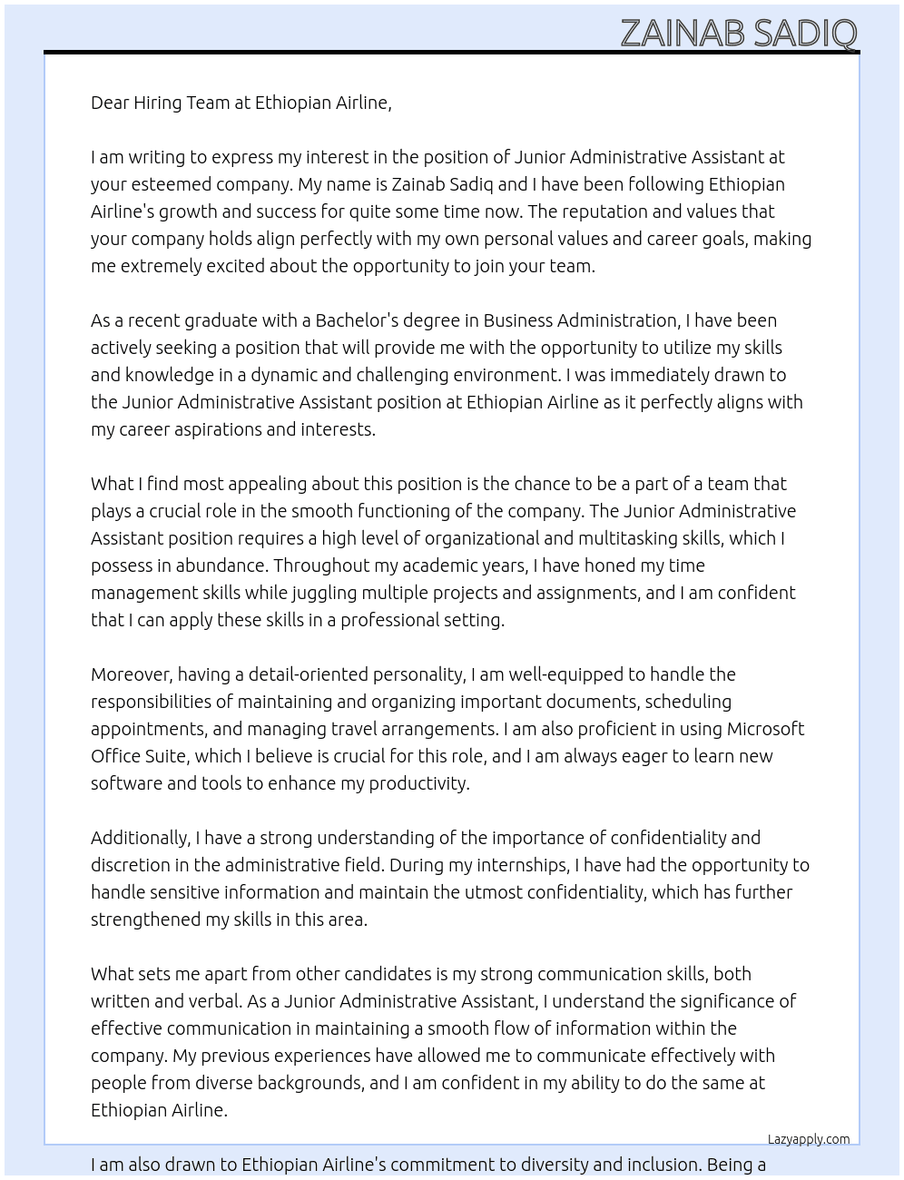 junior administrative assistant At Ethiopian Airline Cover Letter