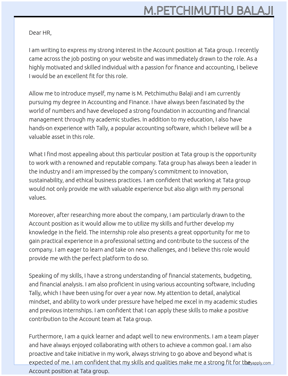 Account At Tata group Cover Letter
