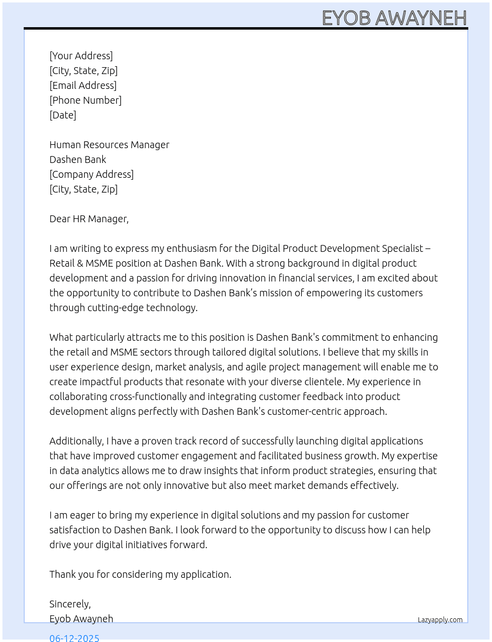 Digital Product Development Specialist – Retail & MSME At Dashen Bank Cover Letter