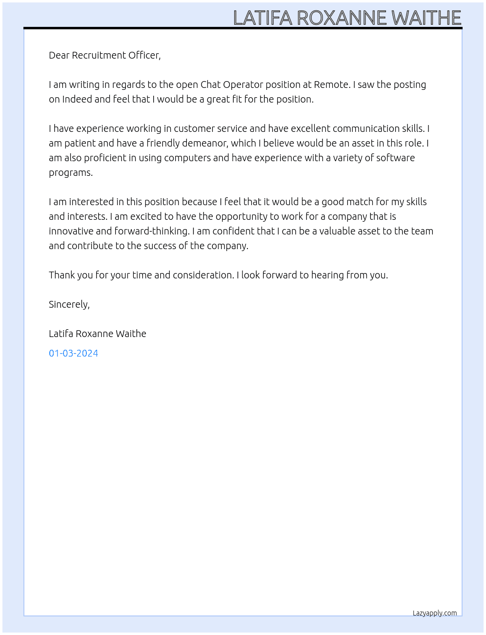 Chat Operator At Remote Cover Letter