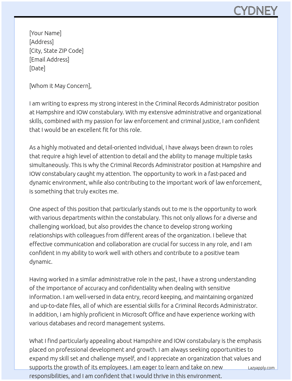 Criminal Records Administrator At Hampshire and IOW constabulary Cover Letter
