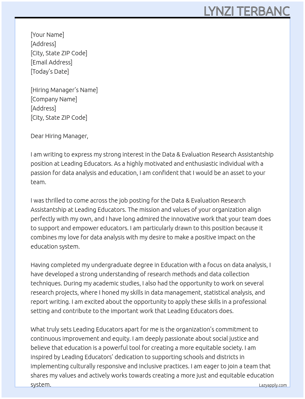 Data & Evaluation Research Assistantship At Leading Educators Cover Letter