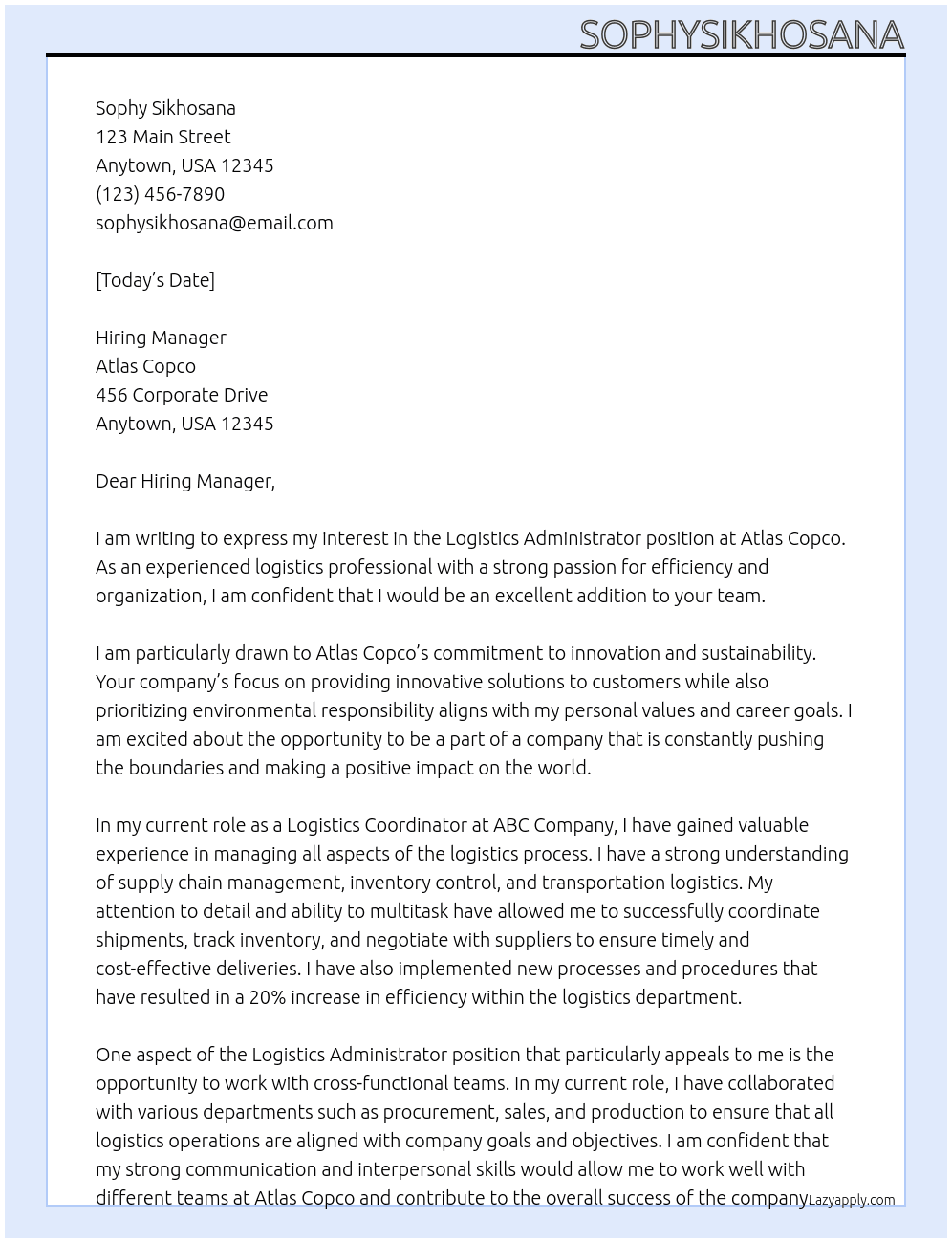 logistics administrator At Atlas Copco Cover Letter