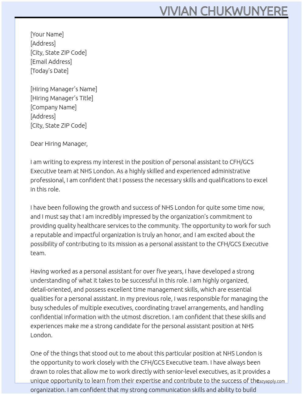personal assistant to CFH/GCS Executive team At NHS London Cover Letter