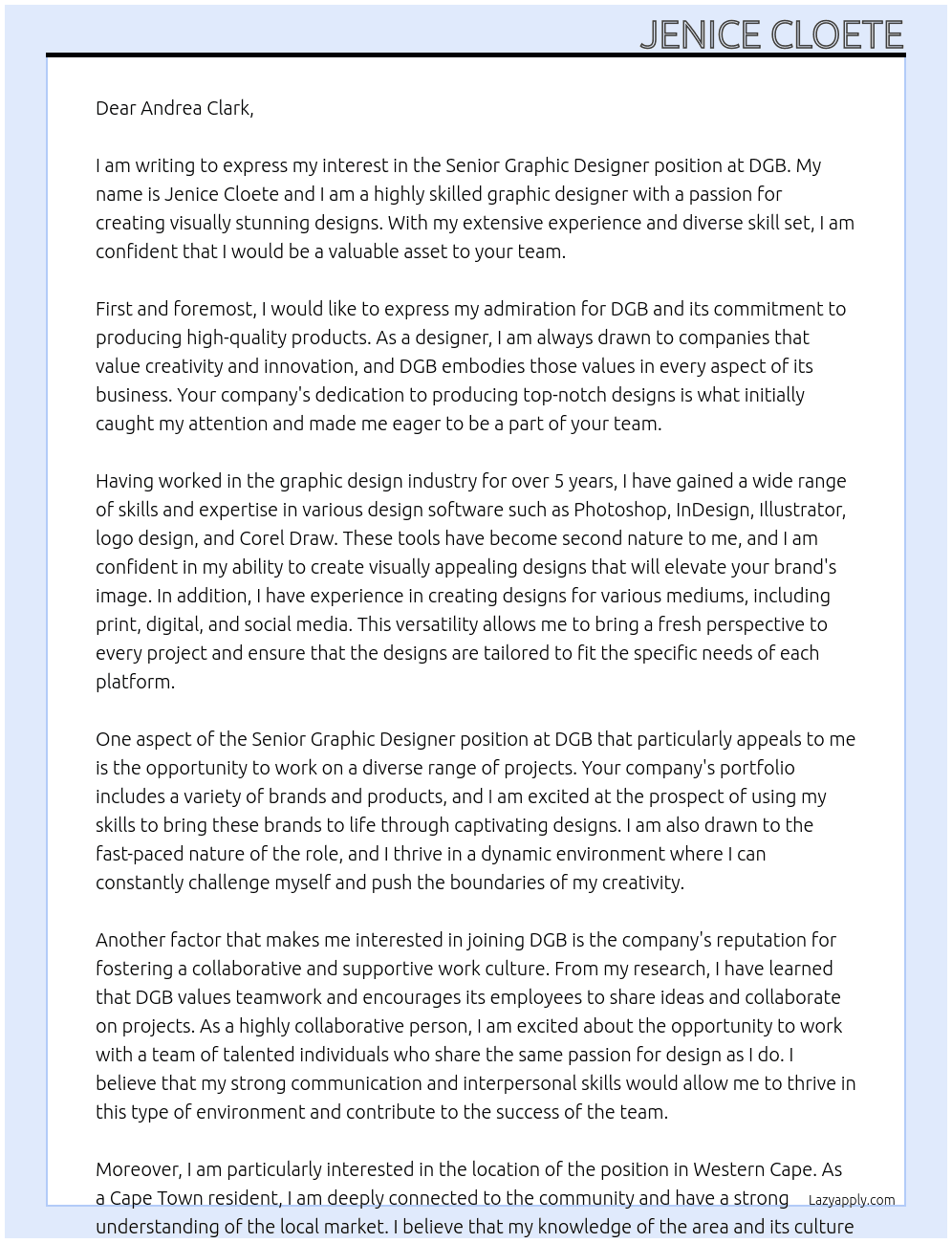 Senior Graphic Designer At DGB Cover Letter