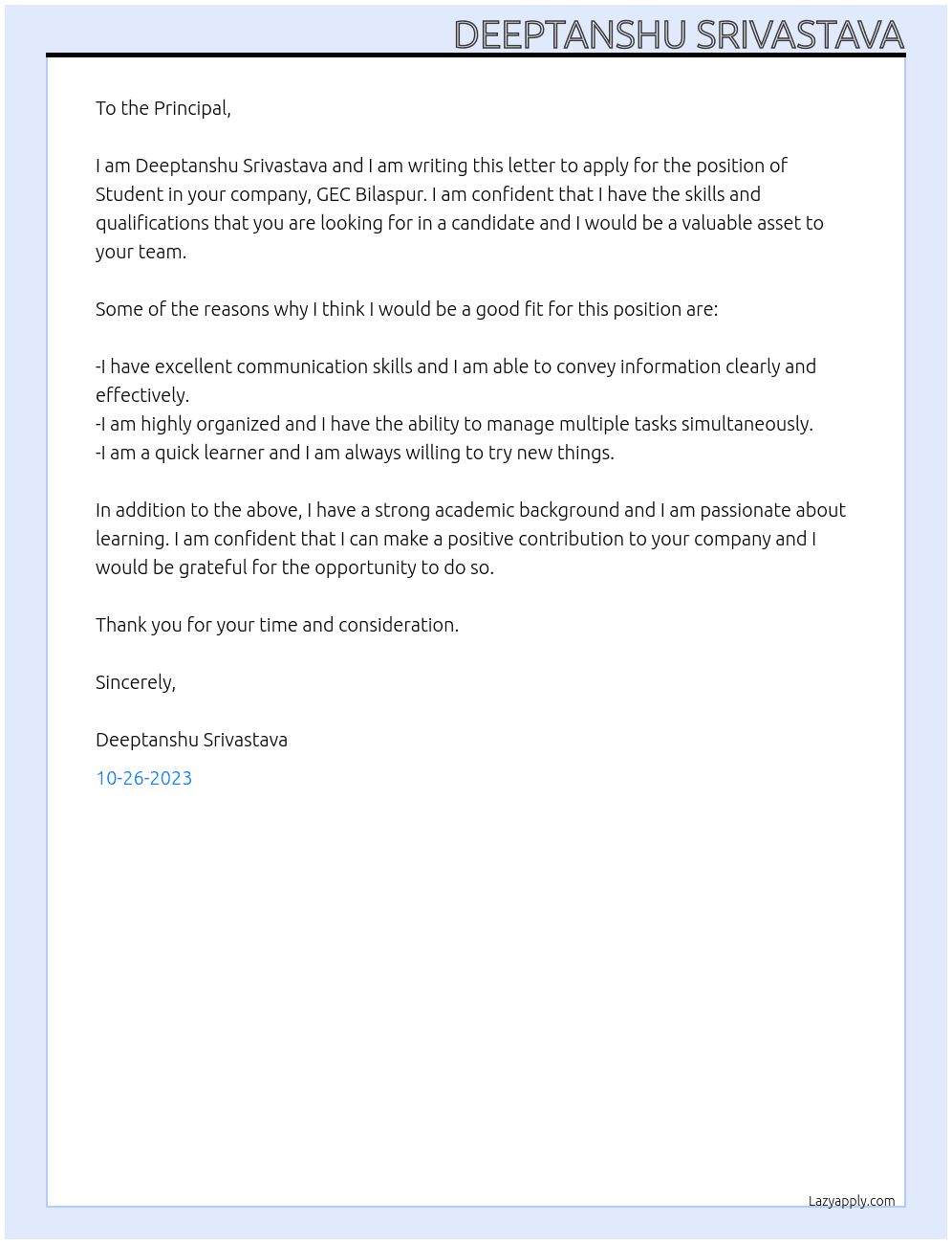 Student At GEC Bilaspur Cover Letter