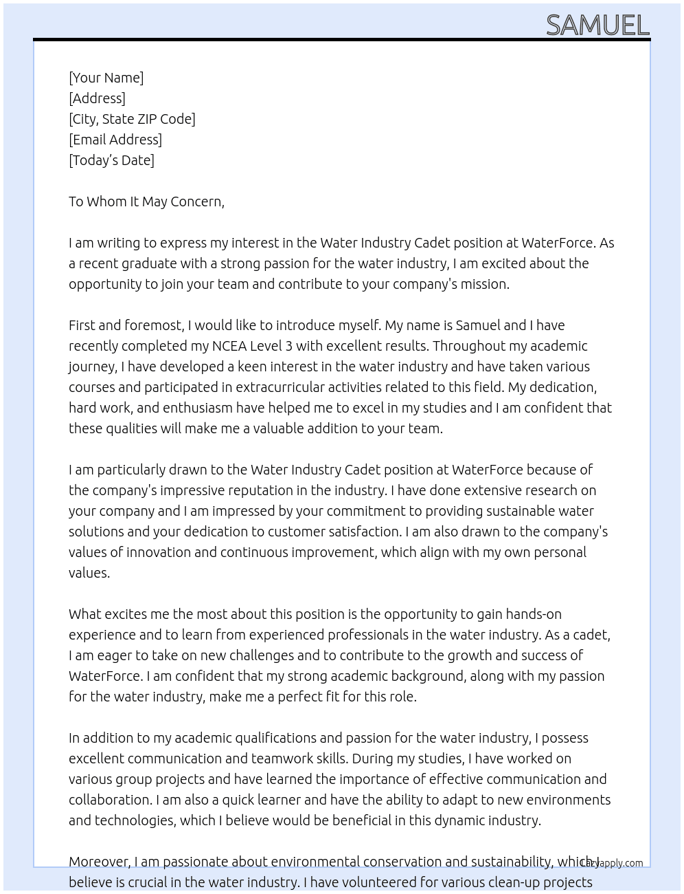 Water Industry Cadet At WaterForce Cover Letter