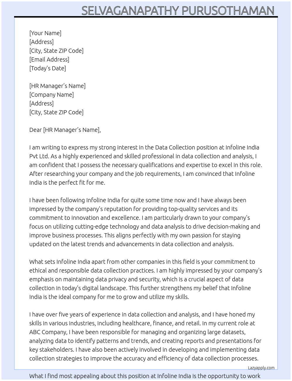 Data collection  At Infoline India pvt Ltd  Cover Letter