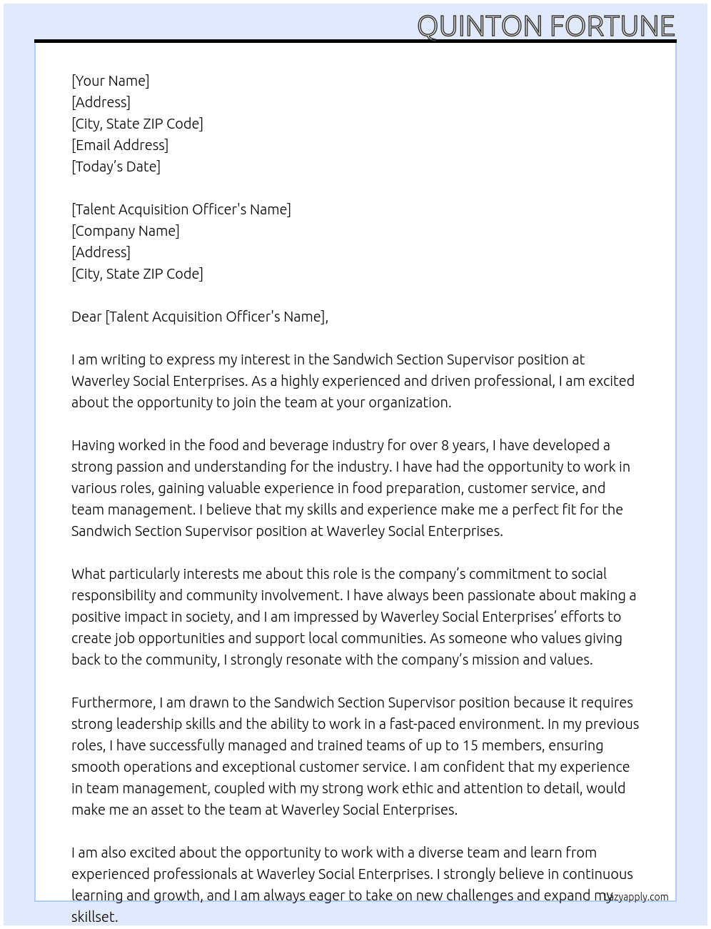 Sandwich Section Supervisor At Waverley Social Enterprises Cover Letter