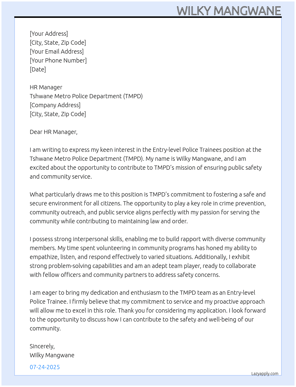 Cover letter for entry-level police trainees - LazyApply