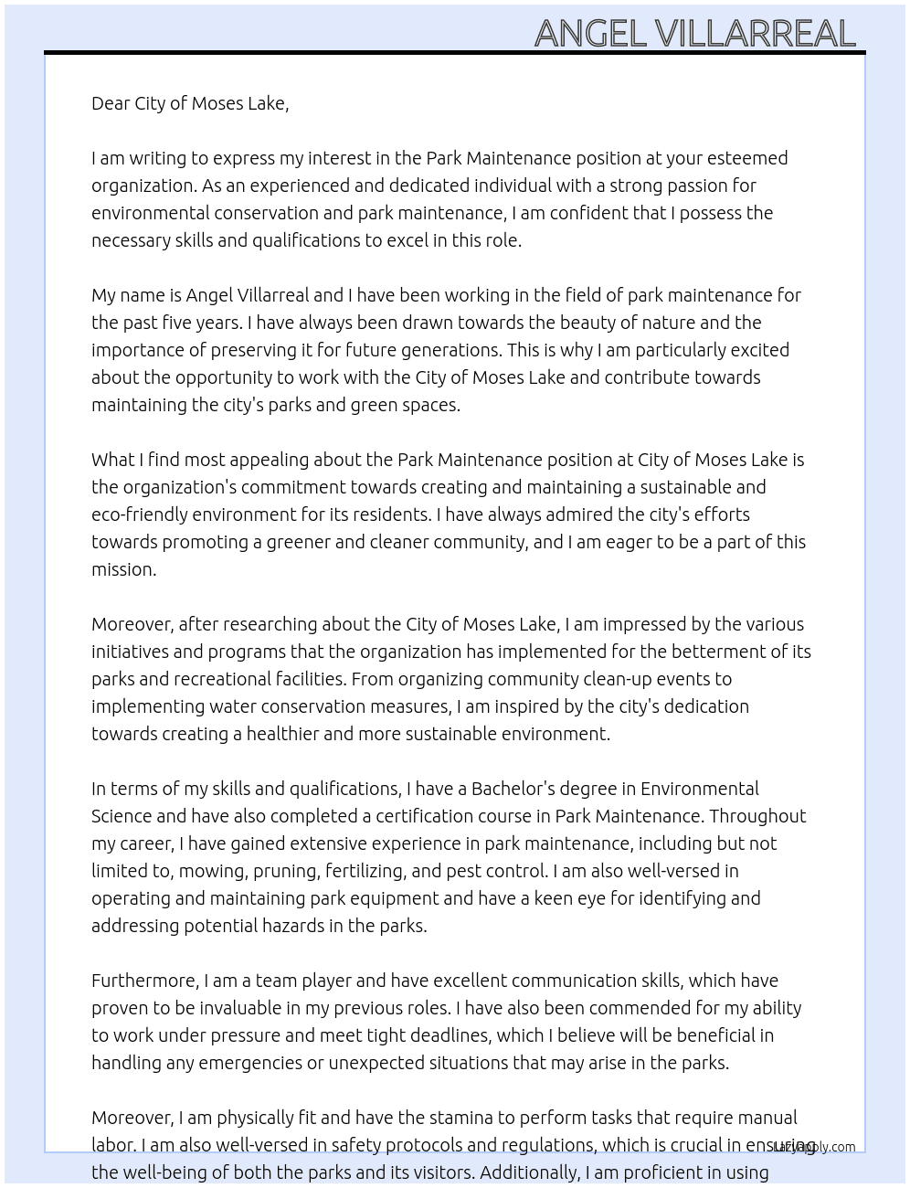 Park maintinence At City of Moses Lake  Cover Letter