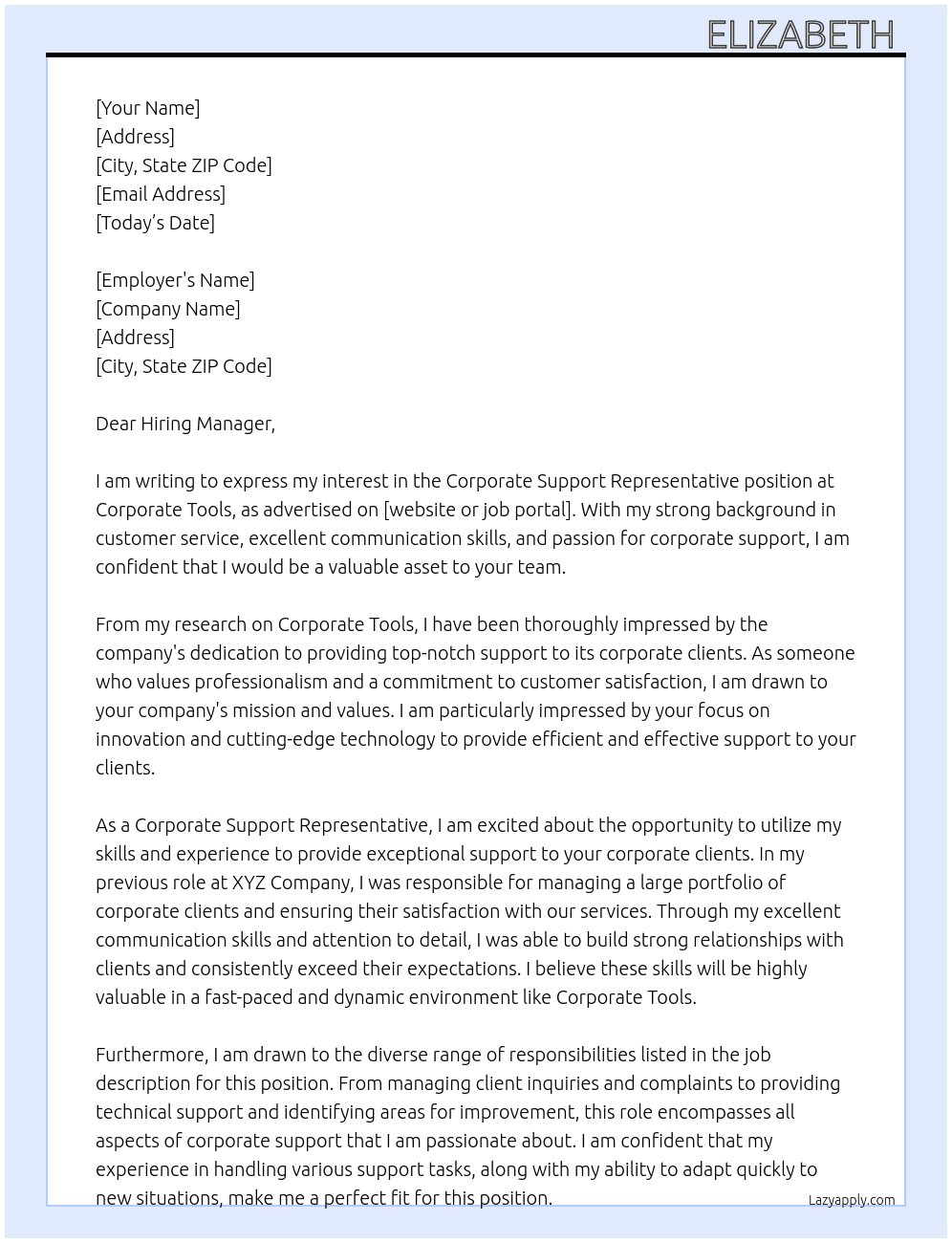 Corporate Support Representative At corporate tools Cover Letter