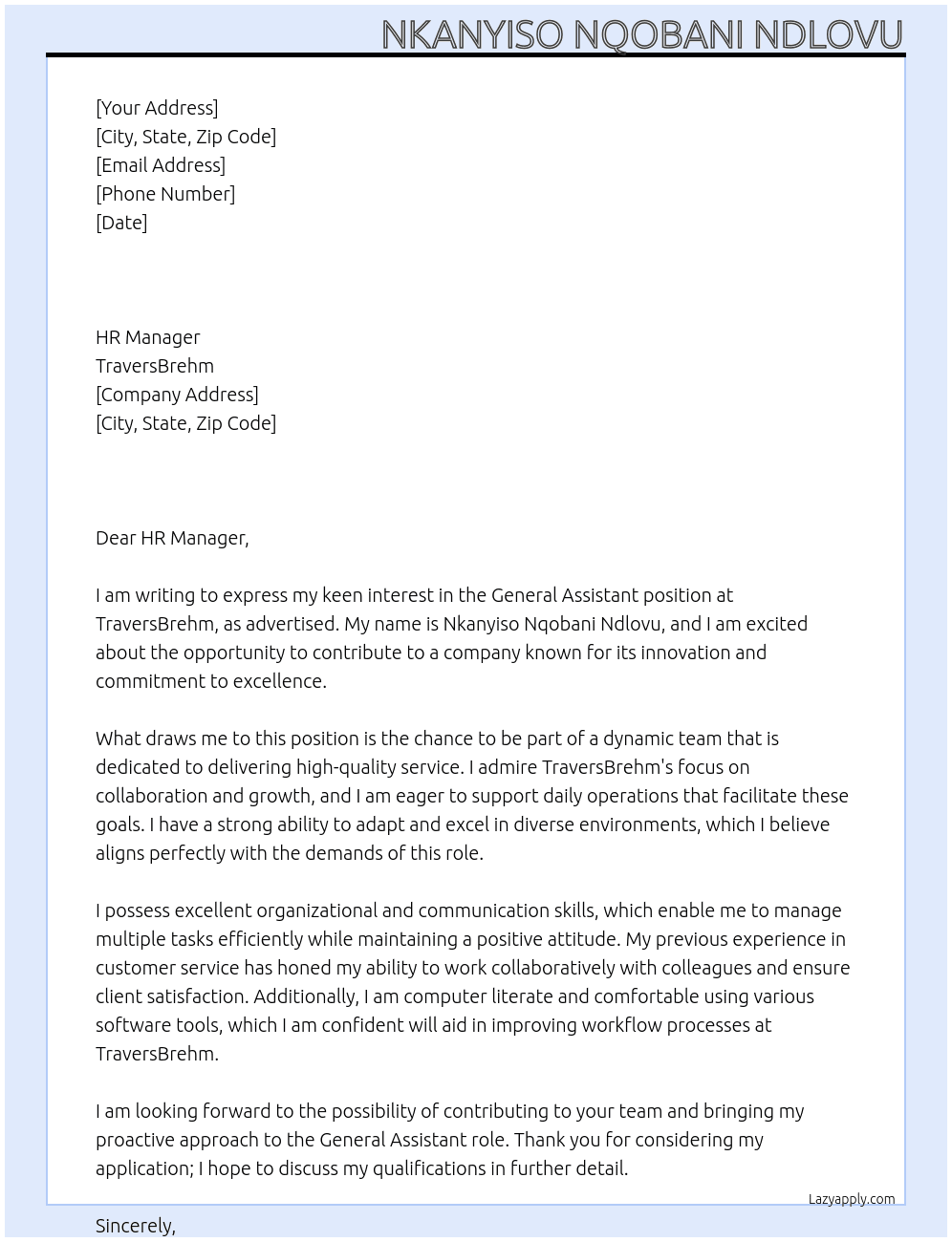 GENERAL ASSITANT At TRAVERSBREHM Cover Letter
