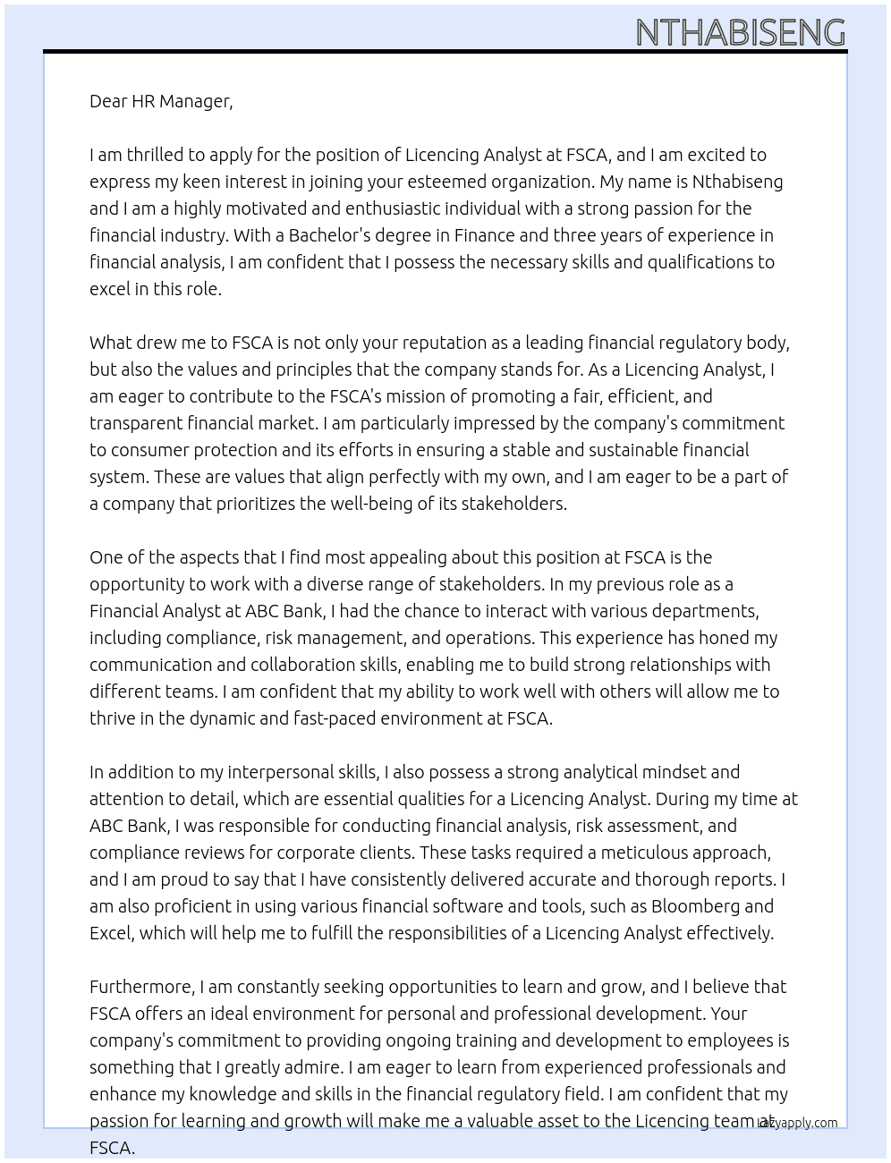 Licencing Analyst At FSCA Cover Letter