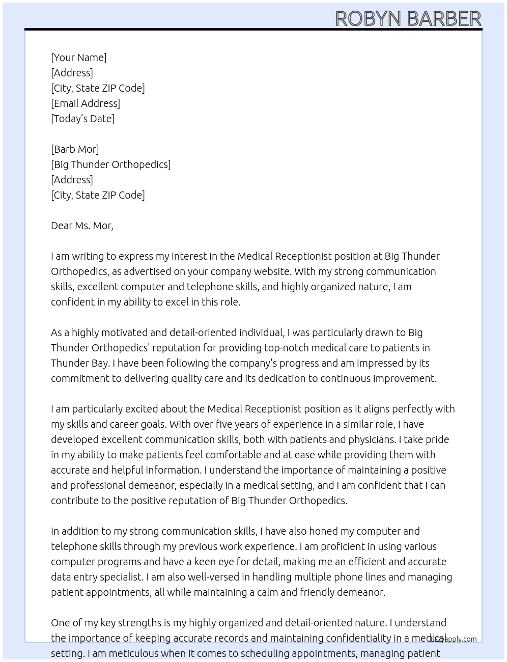 Medical Receptionist At Big Thunder Orthopedics Cover Letter