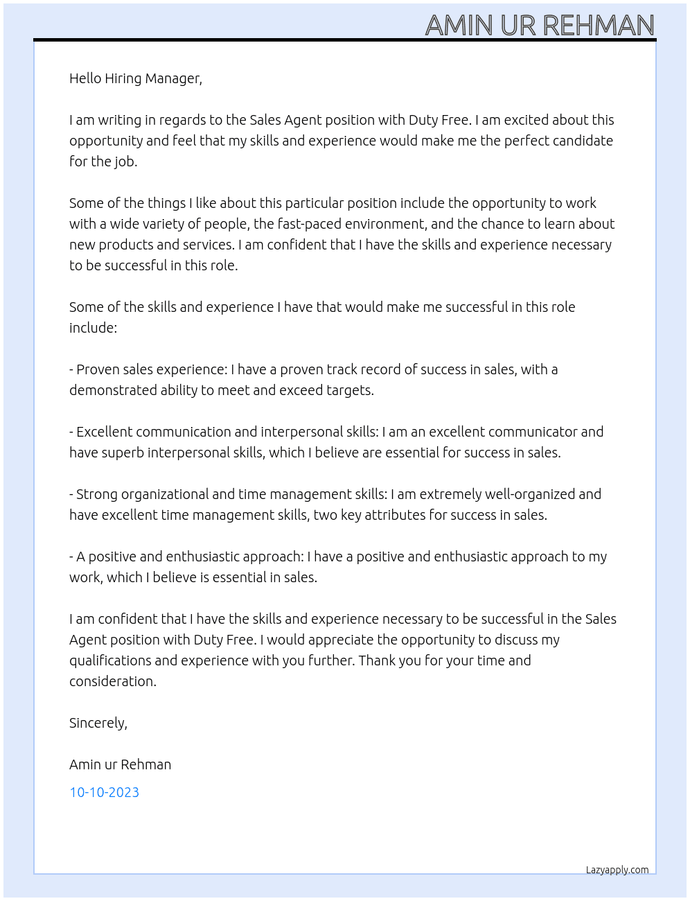 sales agent At duty free Cover Letter