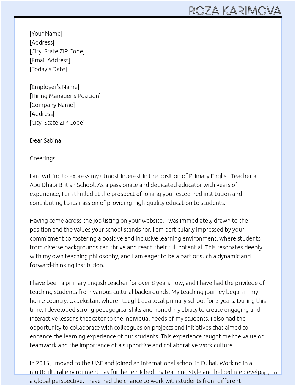 Primary English Teacher At Abu Dhabi British School Cover Letter