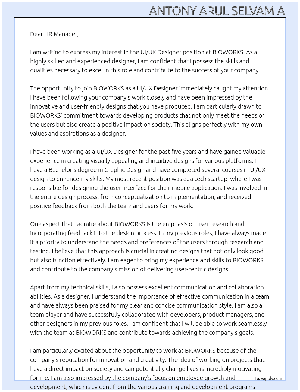 UI / UX Dessiger At BIOWORKS  Cover Letter