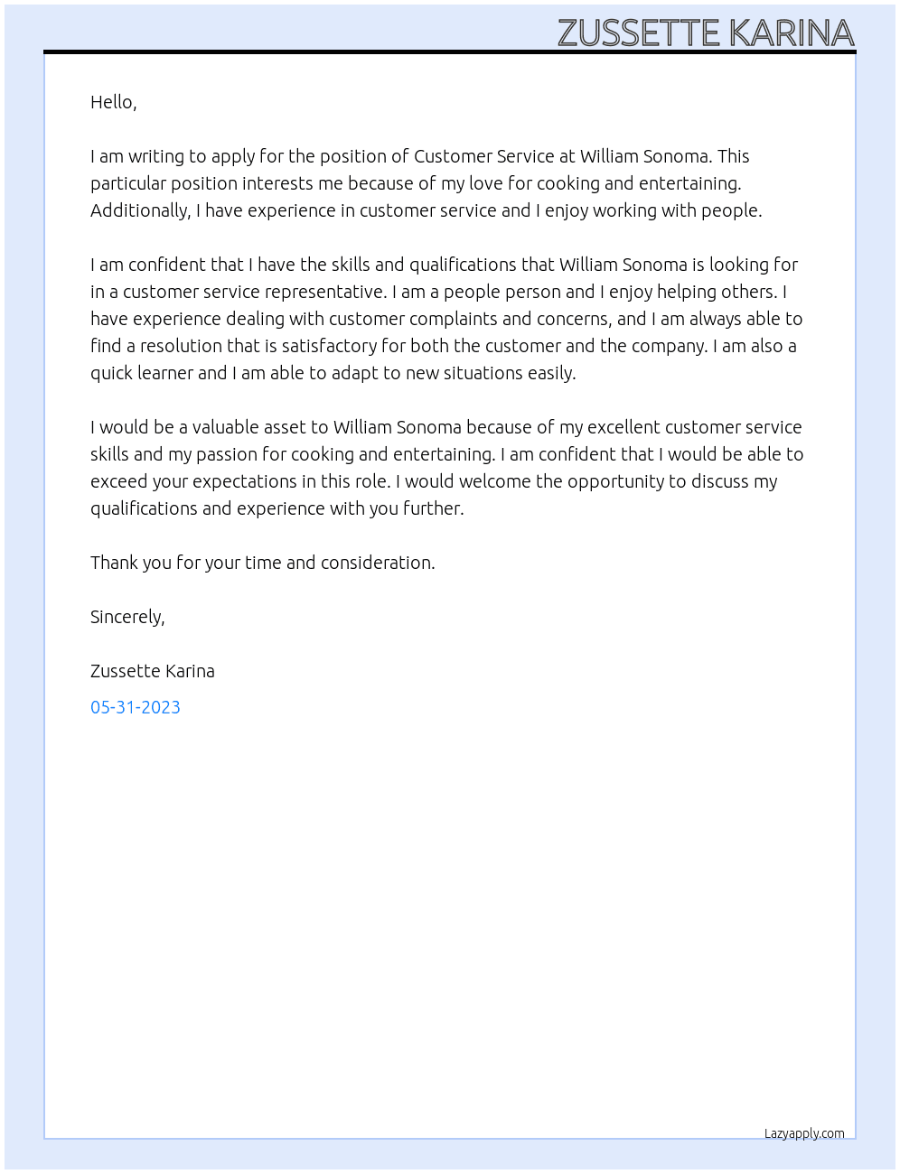 Customer Service At William Sonoma Cover Letter