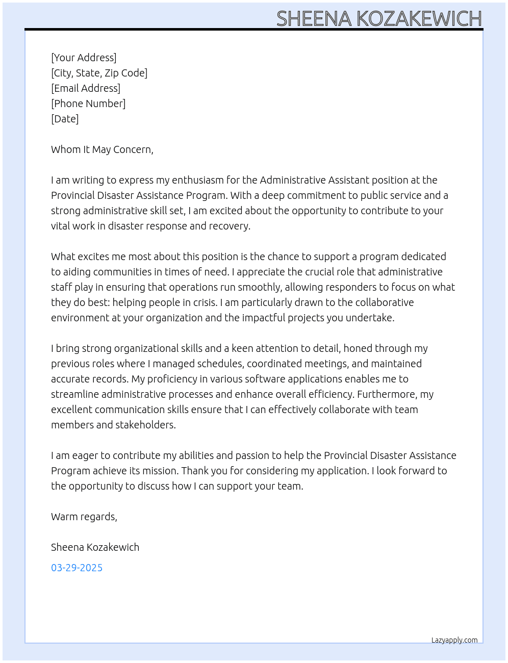 Cover letter for aminisrrative assistant - LazyApply