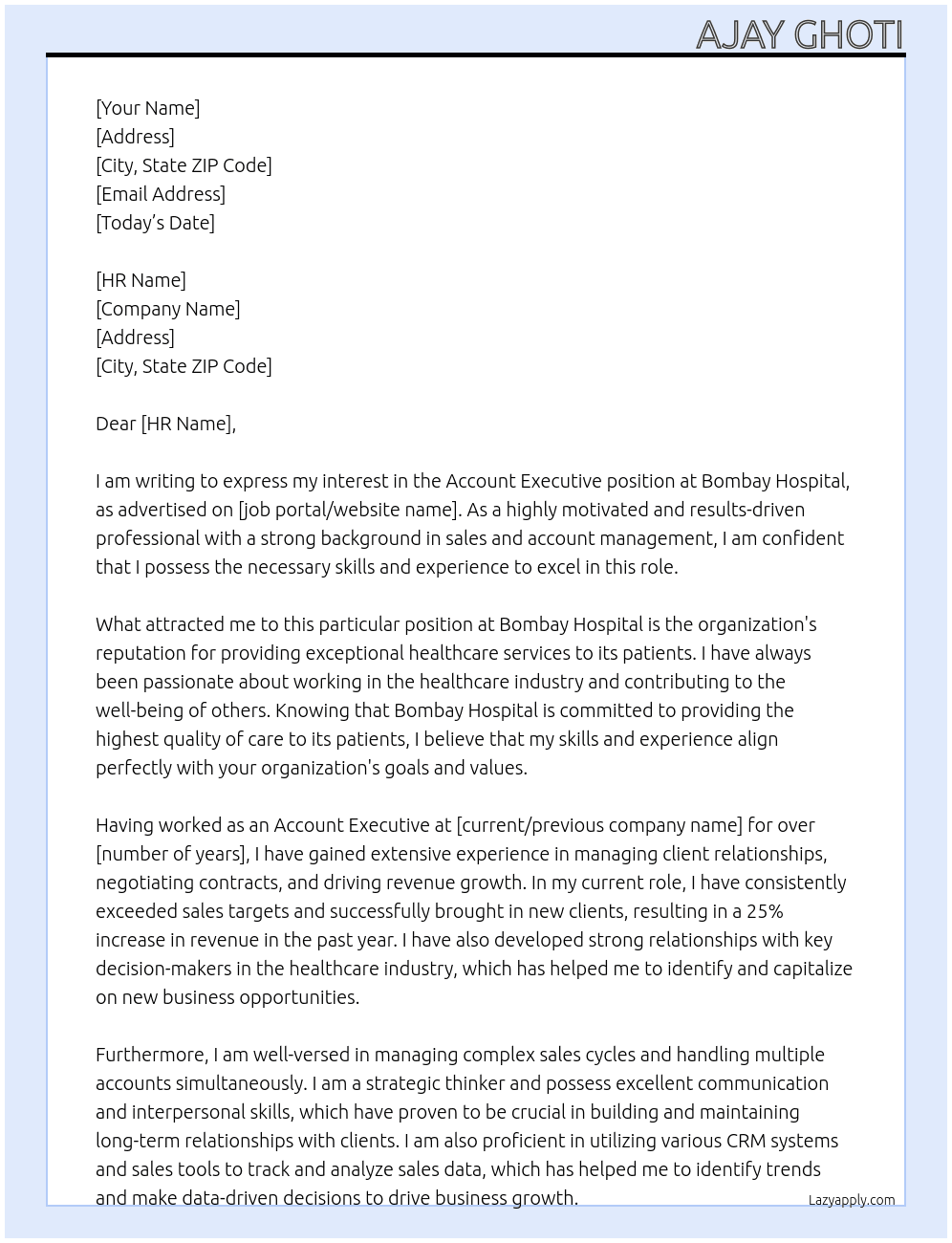 account executive At Bombay hospital Cover Letter